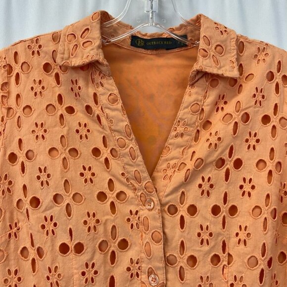 Outback Red Womens Fit & Flare Dress Orange Eyelet Button V Neck Short Sleeve 2 - Picture 3 of 11